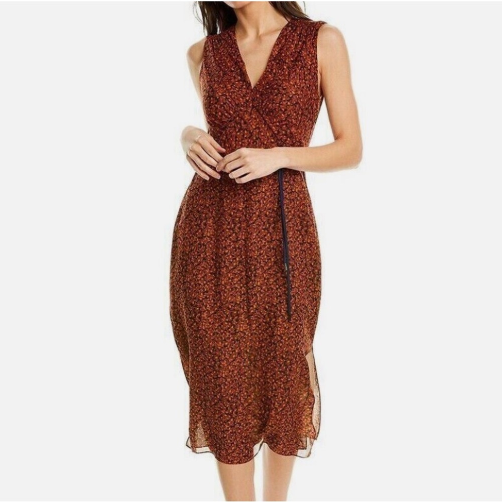 Theory NWT Silk Crepe Vneck Ruched Sleeveless Floral print Midi Dress Sz 12